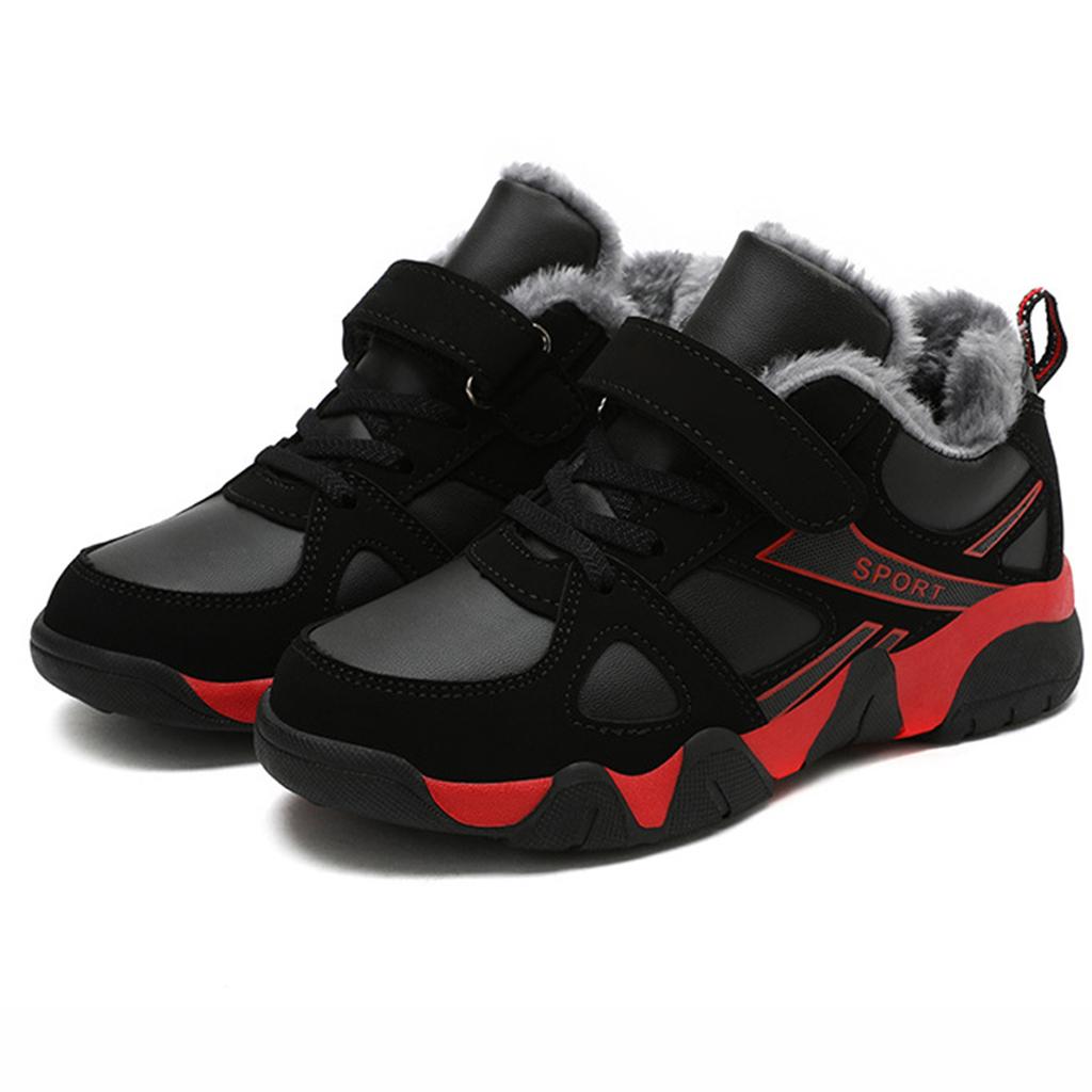 Winter Fleece Lined Kids Running Shoes Lightweight Breathable Athletic Sneakers with Hook and Loop Closure for Elementary School Children