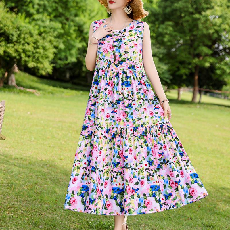 Elegant Sleeveless Dress for Women Plus Size Loose Vintage Print Long Dress Summer Middle-aged Women's Clothing