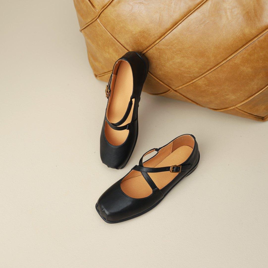 

Sheepskin version~ Sports and leisure cross-strap square head ballet shoes Mary Jane shoes women s shallow leather flat shoes 40
