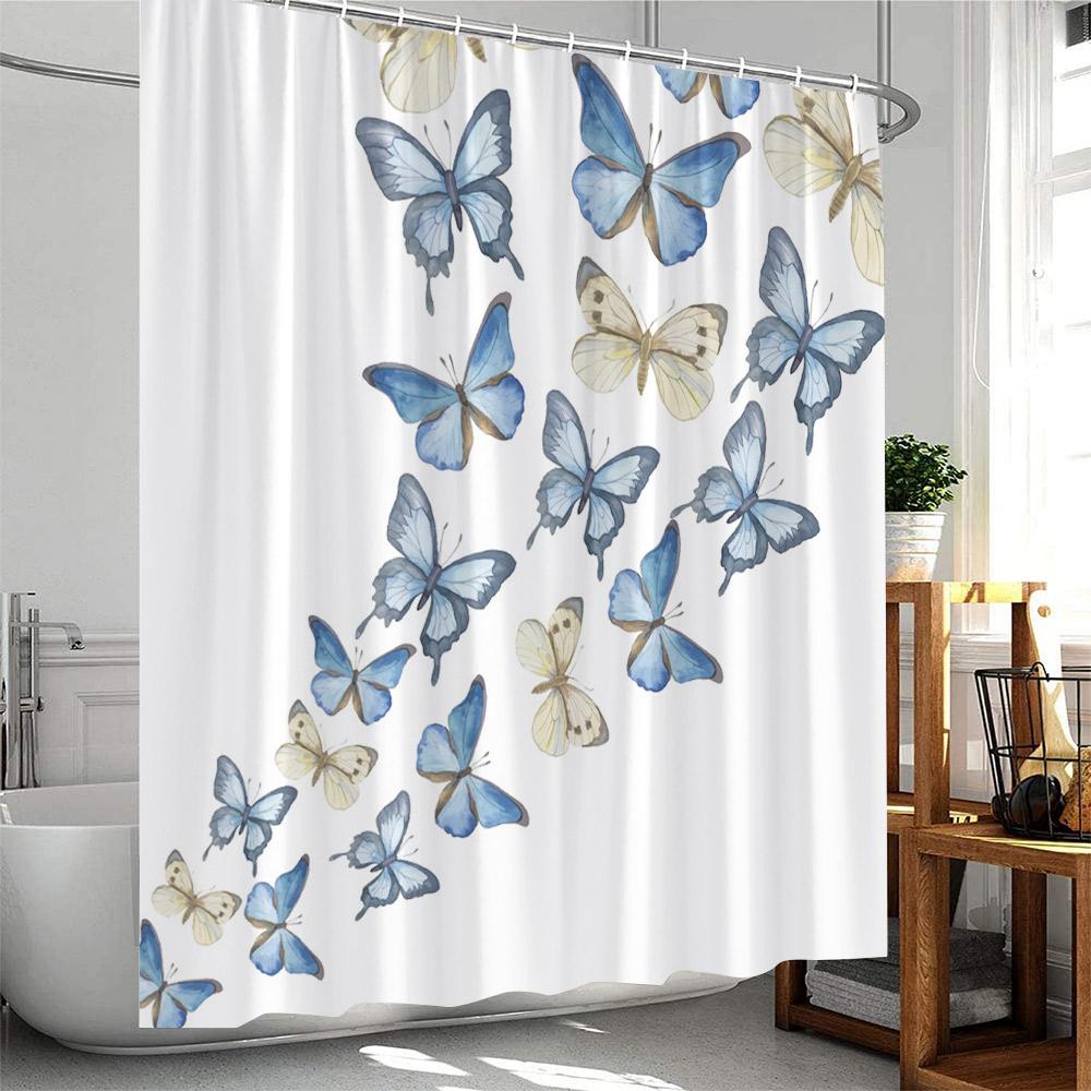 Butterfly Floral Shower Curtain Rose Flowers Plant Botanical Bathroom Decor Elegant Polyester Fabric Bath Curtain with Hook
