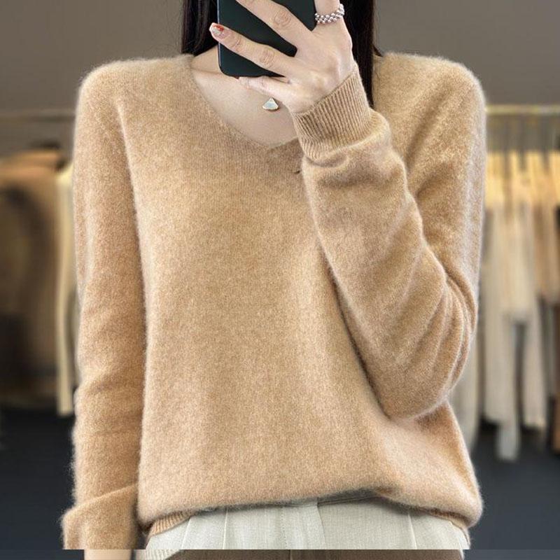 Осенне-зимний женский свитер с v-образным вырезом, однотонный вязаный свитер из чистой шерсти, шерстяной свитер с верхом наизнанку S