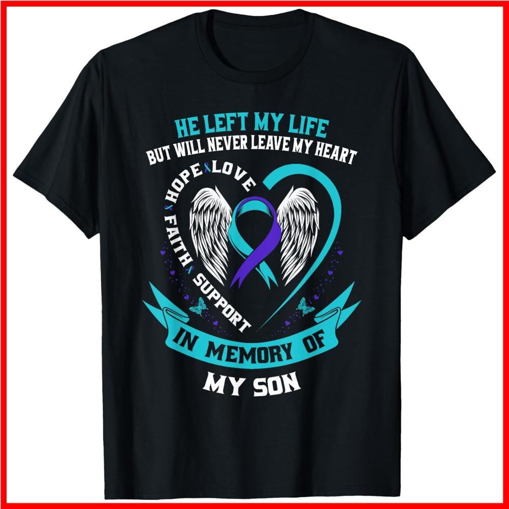 Teal and Purple Suicide Awareness Ribbon In Memory of my Son Black T-Shirt Unisex T-Shirt M