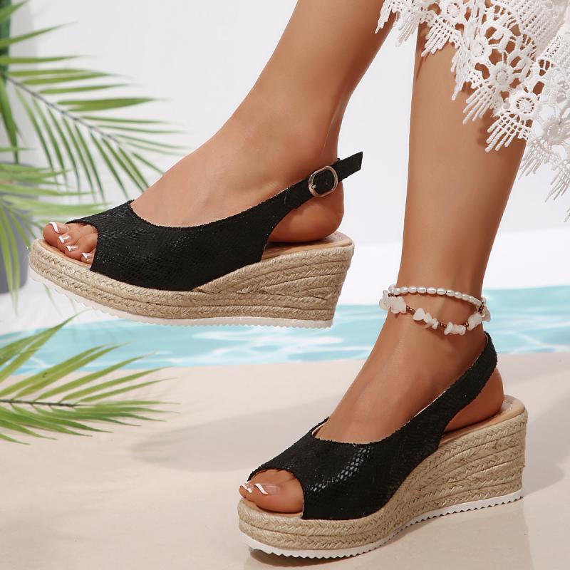 Fashion Sexy Black Peep Toe Sandals Women 2025 Summer Wedge Heels Back Strap Shoes Women Casual Hemp Sole Beach Sandals Plus Size 43