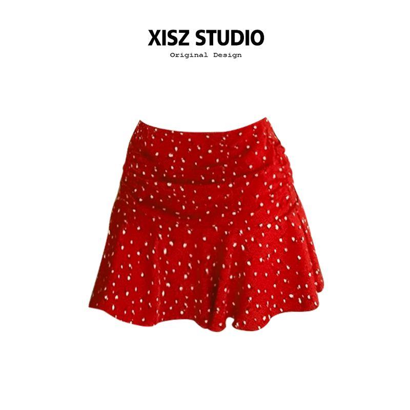

French Sweet Red Floral Skirt Women s Summer Small Stylish Pleated Slim-Fit A- line Skirt Ins Red S
