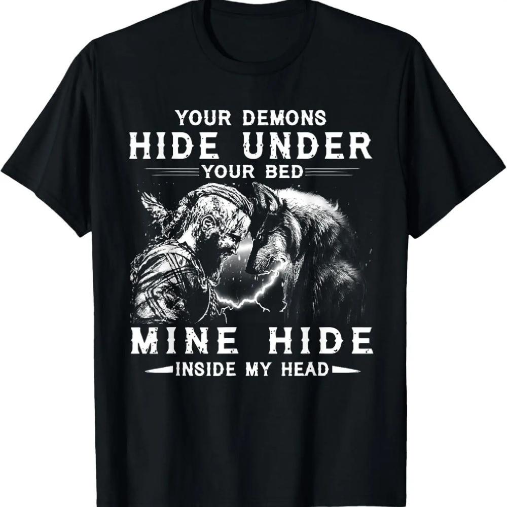 

Your Demons Hide Under Your Bed For Men Women Viking Wolf T-Shirt XXXXL чорний