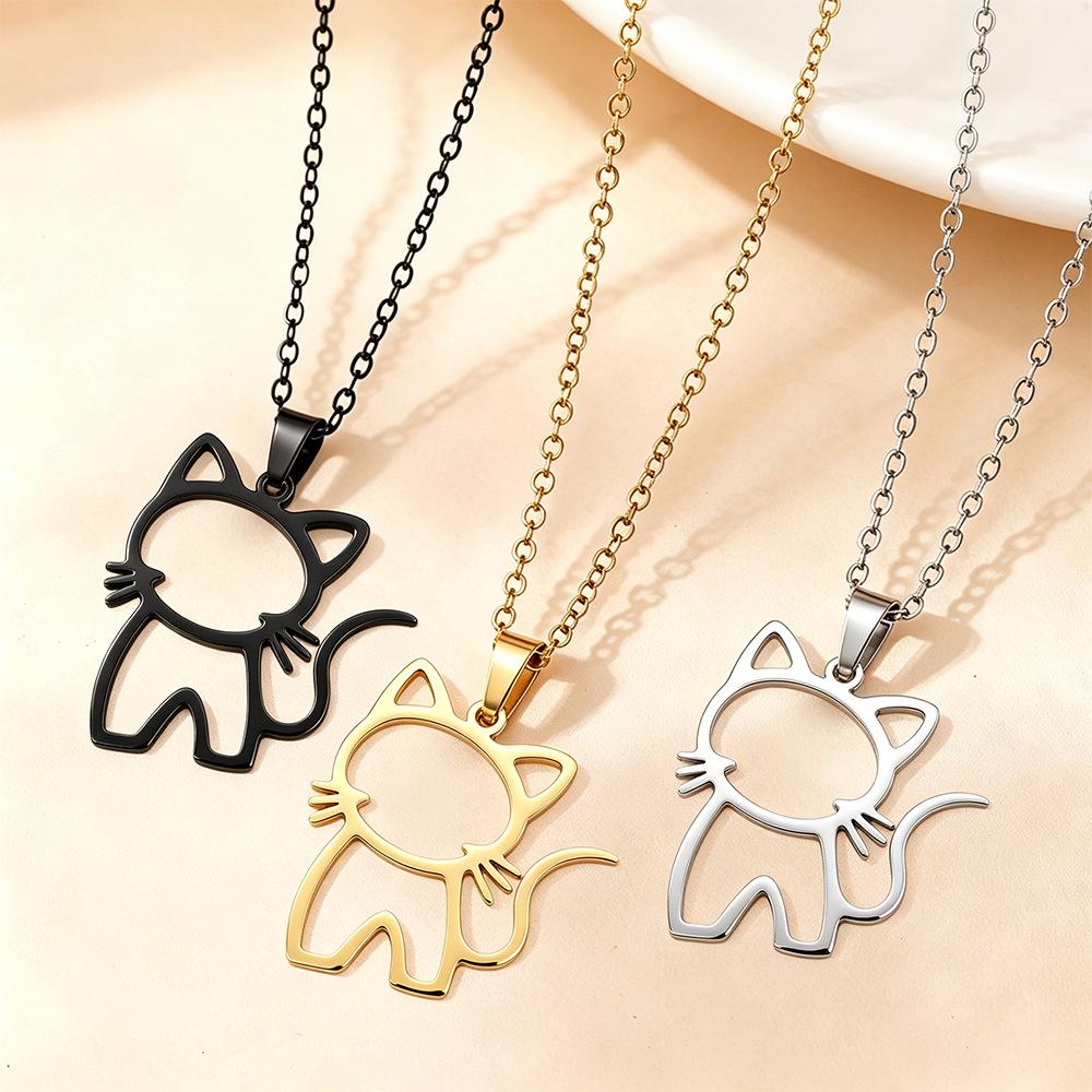 Stainless Steel Hollow Animal Pendant Necklace - Cute Cartoon Kitten Design