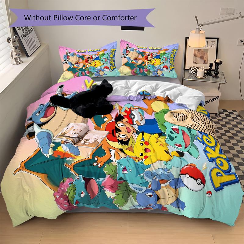 Custom Name Pokemon Bedding 3 Piece Set HD Print Duvet Cover Pillowcases for Teens Adult Home Bedroom Decoration Christmas Gift durable