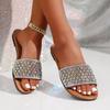 Slipper mit flachem Boden für Damen im Sommer, rundspitzig, Strass-Ein-Linien-Design, lässige Strand-Flip-Flops