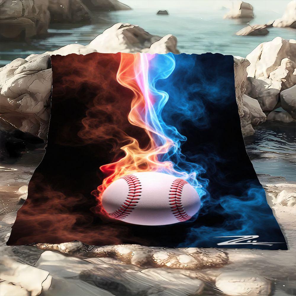Dynamic Baseball Design Blanket with Vibrant Flames and Smoky Background - Unique Soft Fleece Throw for Sports Lovers, Perfect f