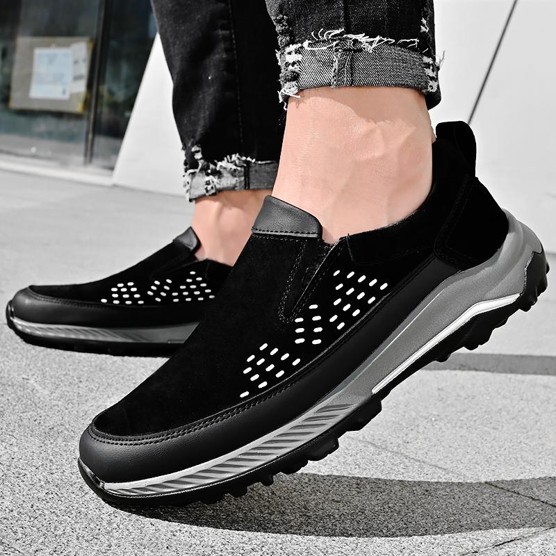 Men Breathable Casual Shoes Outdoor Plus Size Fashion Sneakers Lace-up Split Leather Comfortable Walking Sport Shoes