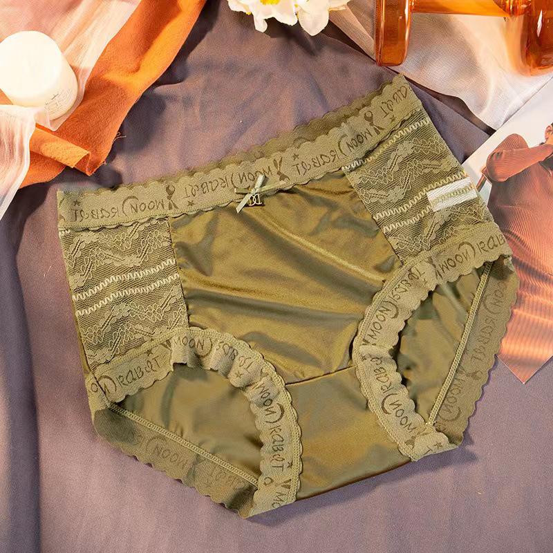 Women's Seamless Satin & Lace Mid-Waist Panties - Light Luxury, Breathable, Abdomen Control, Hip Lift, Cotton Crotch