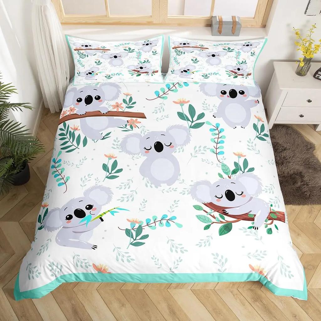 Housse de couette koala mignon dessin animé femmes enfants filles adolescents cadeaux chauds décoration de chambre fleurs roses thème animal dessin animé literie Queen King