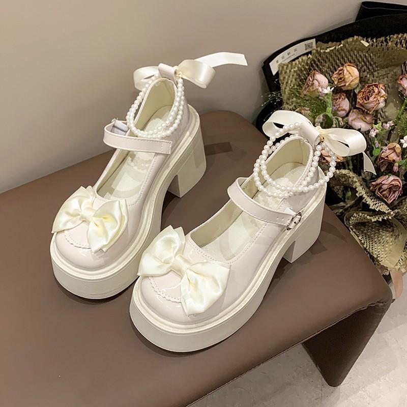 Women's High Heels Shoes High Quality Round Toe Mary Jane Bow Buckle Women High Heels Thick Heeled Lolita Platform Shoes Tacones