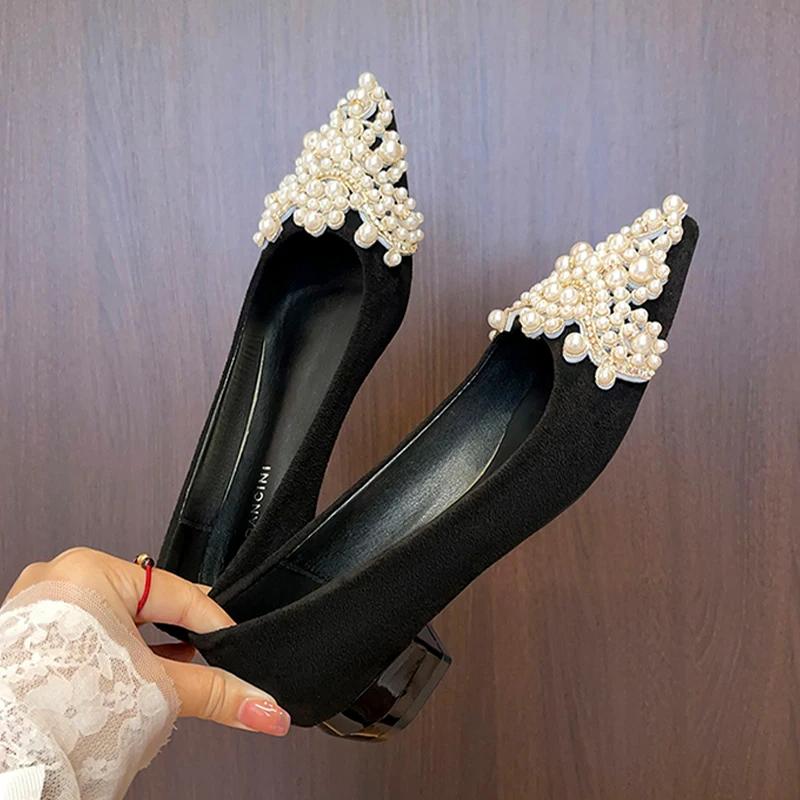 Pearl Pointed Toe Chunky Women Shoes Mid Heels Shallow Sandals Elegant 2025 Summer Pumps Loafers Sexy Zapatillas De Mujer