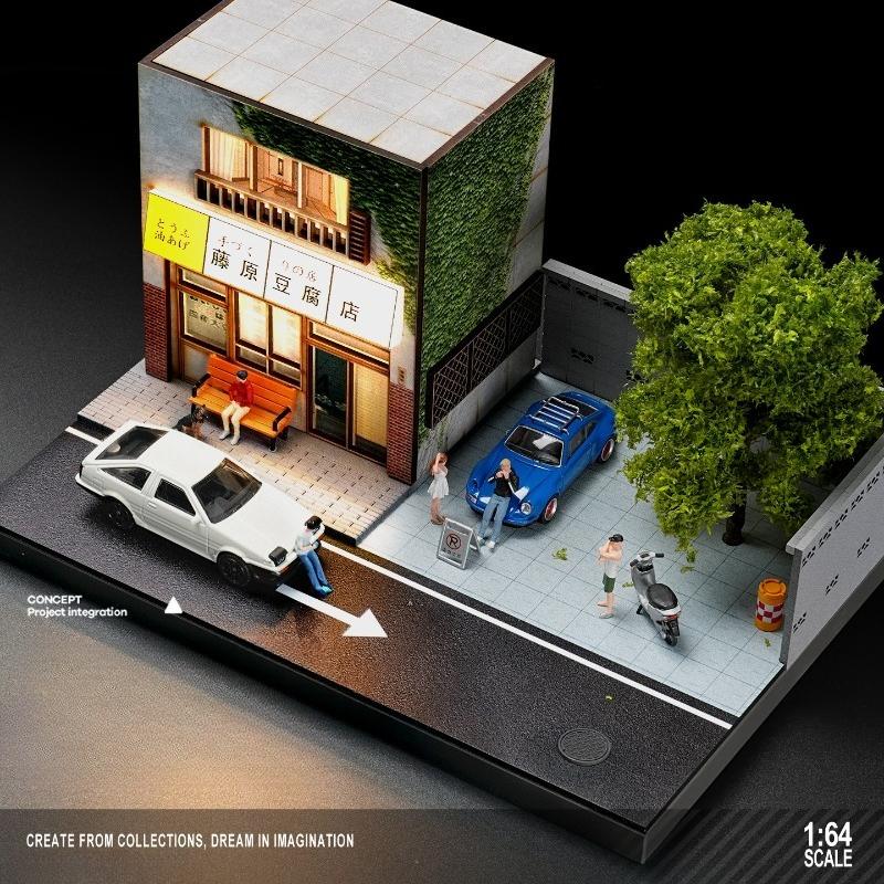 Miniature Scene of Japanese-style Fujiwara Tofu Shop for 1/64 Scake Car Model Double-layer Simulation Stereo Scene with Lighting
