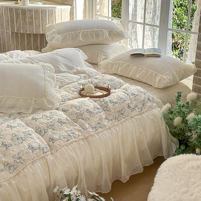French Princess Wind Milk Fleece 4Pcs Set Winter Thickened Coral Fleece Cut Flower Bed Cover Quilt Cover 4