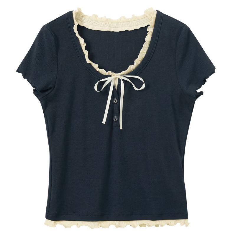 Sancai 2026 Summer Ruffle Trim Tie-Waist Layered Short Sleeve T-Shirt