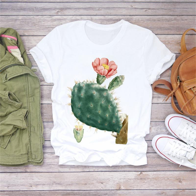 Casual Flower Graphics Women's T-Shirt 90S Summer Blouse Short Sleeves Tees Loose White O-Neck Shirts Female Tops Kpop Clothing