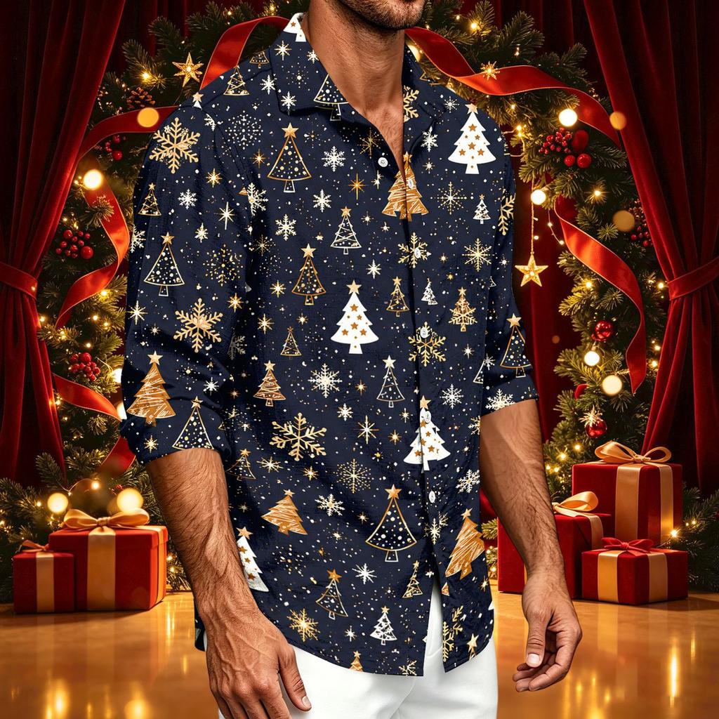 Men's Casual Long Sleeve Shirt with Christmas Print for Spring and Fall