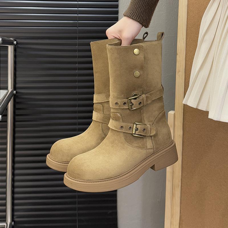 2025 New French Retro Versatile Round Head Thick Heel Western Boots for Women Wear Folded Matte Leather Medium Tube Martin Boots