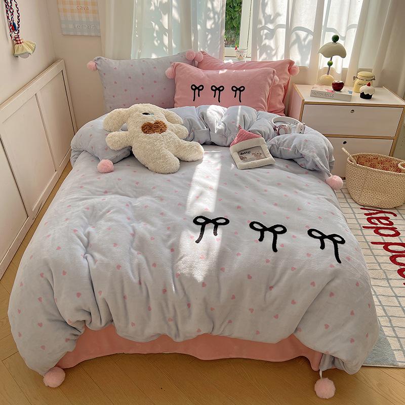 Girl Sweetheart Bow Embroidery Towel Embroidery Printing Thickened Milk Fleece Four-Piece Set