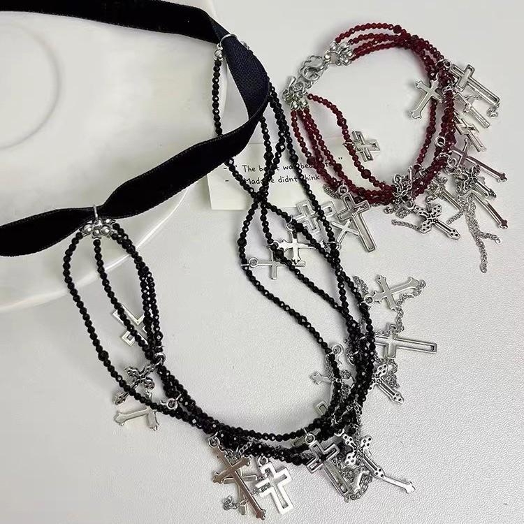Punk Cross Dark Style Necklace Geometric Shape Tassel Choker For Travel Souvenir