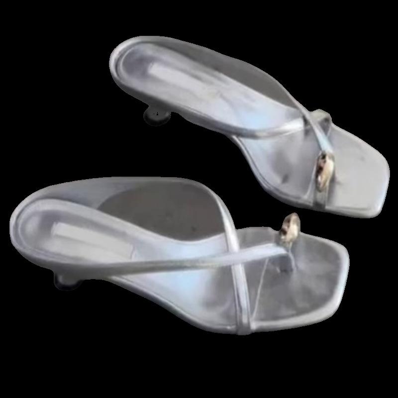 French Temperament Metal Buckle Cover Toe High Heel Sandals Women's 2025 Summer Word with Cool Slippers Outside Wearing Roman Slippers