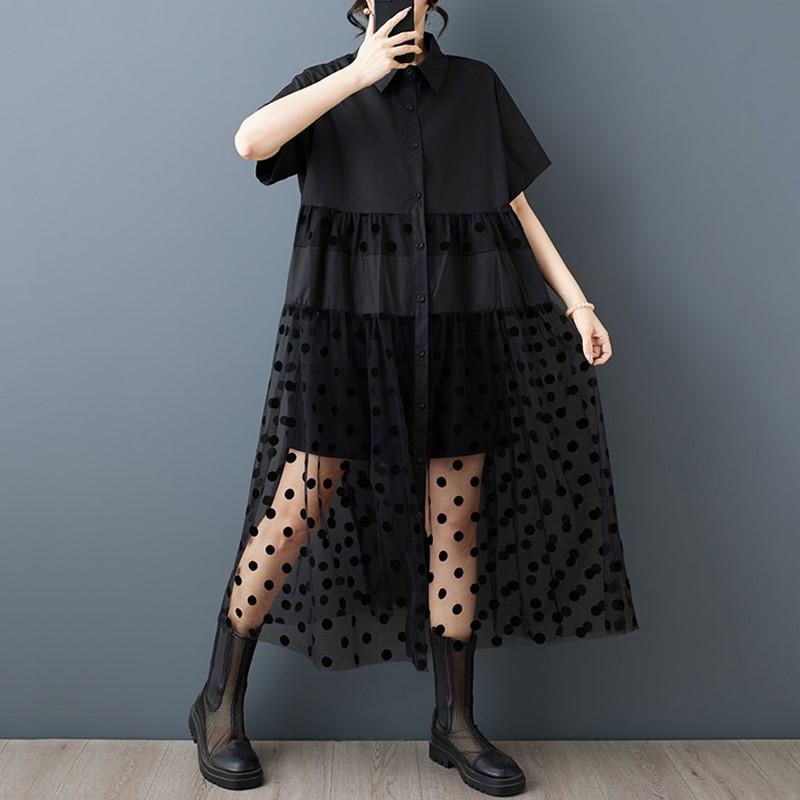 Manches courtes Grande taille Vintage Coton Maille Patchwork Nouveauté Robes pour femmes Décontracté Lâche Long Robe chemise d'été