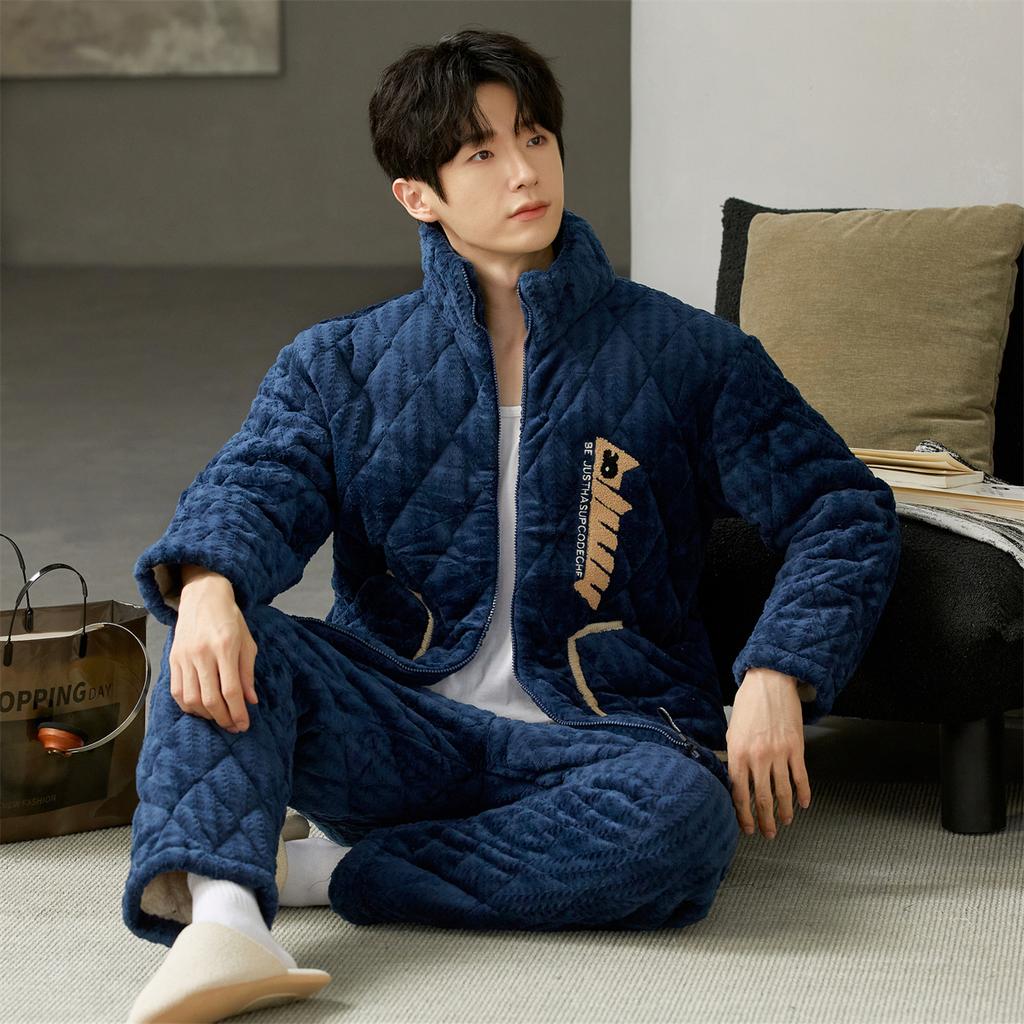 Pijamale Bărbați Îngroșate Călduroase Toamnă Iarnă Haine de Casă Pijamale Termice Confortabile Cardigan Haine de Dormit Top Lung de Dormit Pantaloni 2 Buc./set Pijamale