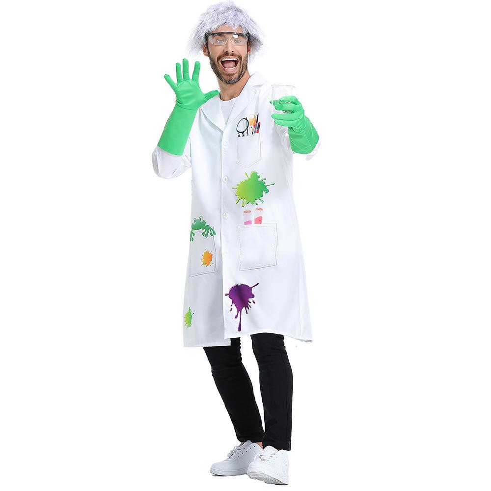 Adult Men Crazy Science Laboratory Scientist Jacket Top Gloves Set Halloween Cosplay Costumes Role Play Outfit