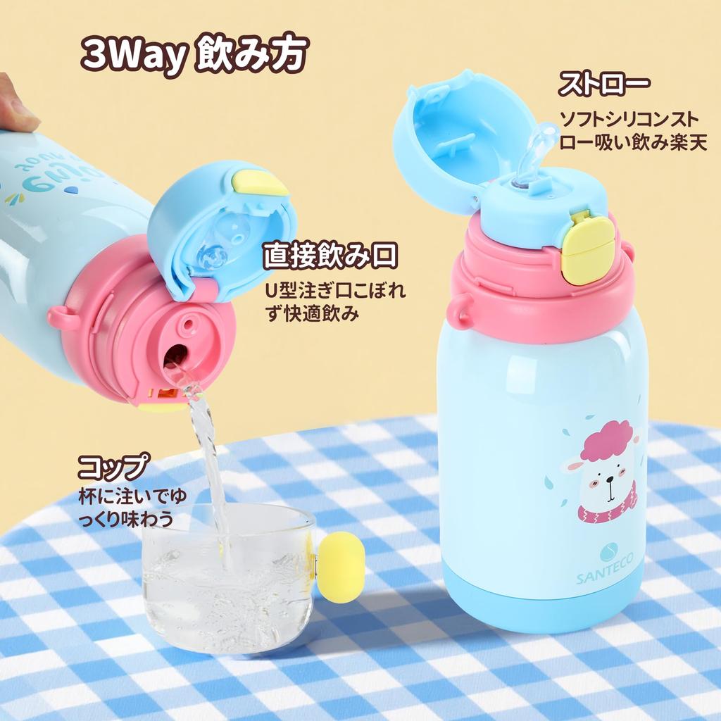 SANTECO Wasserflasche mit Vakuum Weit 316 Edelstahl Sportgetränk Sportflasche Kinder 3-Wege-Strohhalm, 500ml, Isoliert, Mundstück, Stahl, Kompatibel,