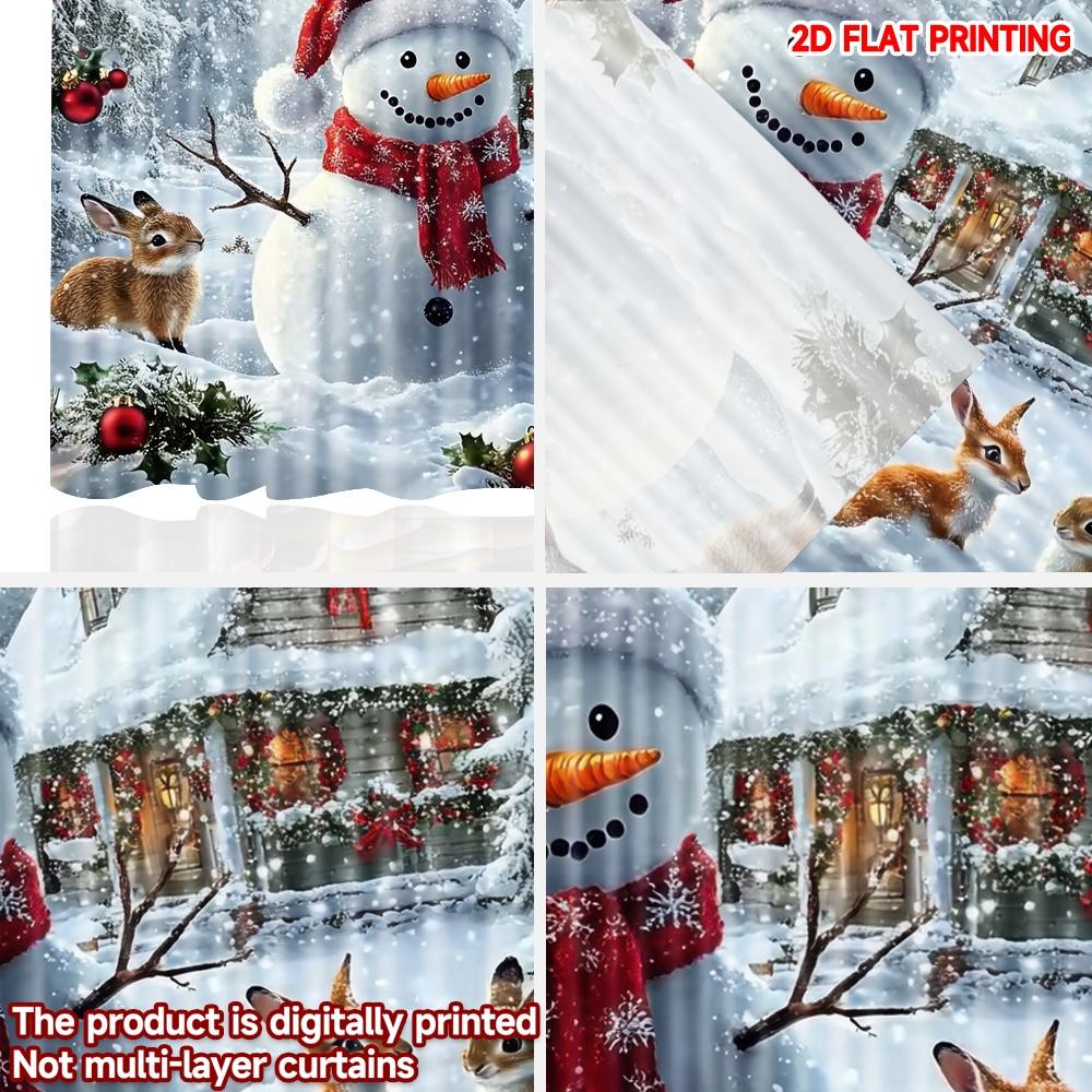 Set Of 2 Flat Printing Merry Christmas Party Curtains Snowman Forest Animals Scopic Stylish Polyester Curtain Made