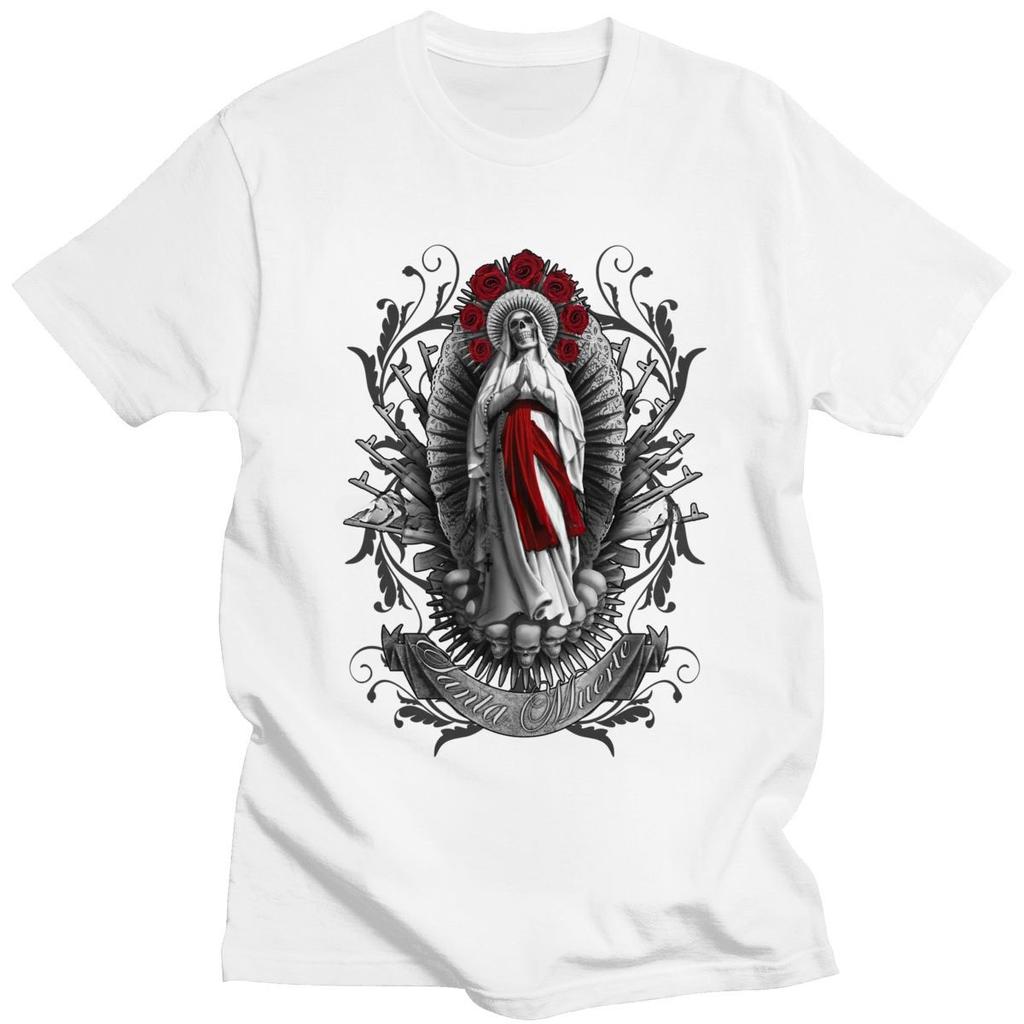 Funny Gift Lady of Holy Death T-shirt Mexican Skull Tee Clothing Santa Muerte T Shirt Short Sleeved Gothic Top Men Clothing
