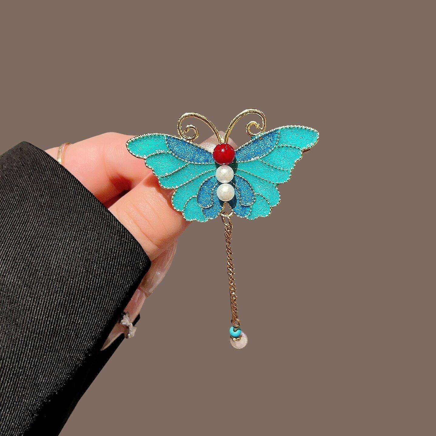 1pc Vintage Chinese Style Enamel Butterfly Hair Clip Pearl Red Bead Tassel Pendant Exquisite Painted Women s Daily Styling