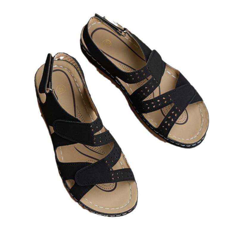 Summer New Sandals Thick Bottom Hollow Slope Heel Velcro Solid Color Breathable Open Toe