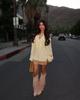 European & American Women's Spring 2025 Elegant Light Yellow Deep V-Neck Pleated Lace Shirt