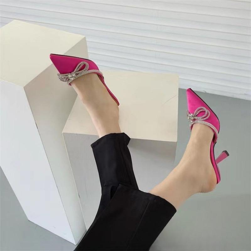 Thin-heeled Mid-heeled Mid-toe Semi-female Rhinestone Pointed-toe Shoes High-heeled Flip-flops