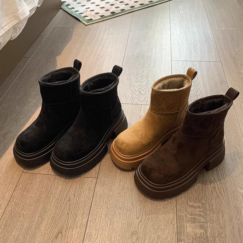 Leather Short Boots Women's Autumn 2025 New Boots Wear Velvet Thermal Cotton Shoes Platform-soled Versatile Snow Boots