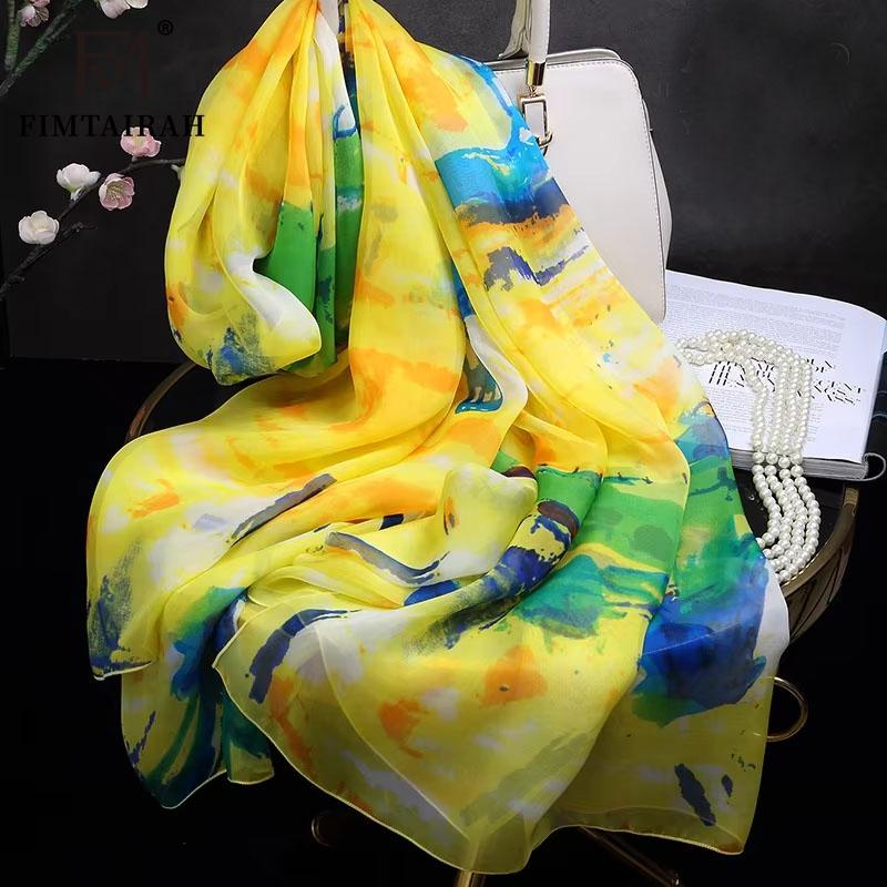 100% silk scarf ladies Yellow printed silk scarf Women fashion soft and elegant shawl long shawl spring autumn winter summer 200-65cm