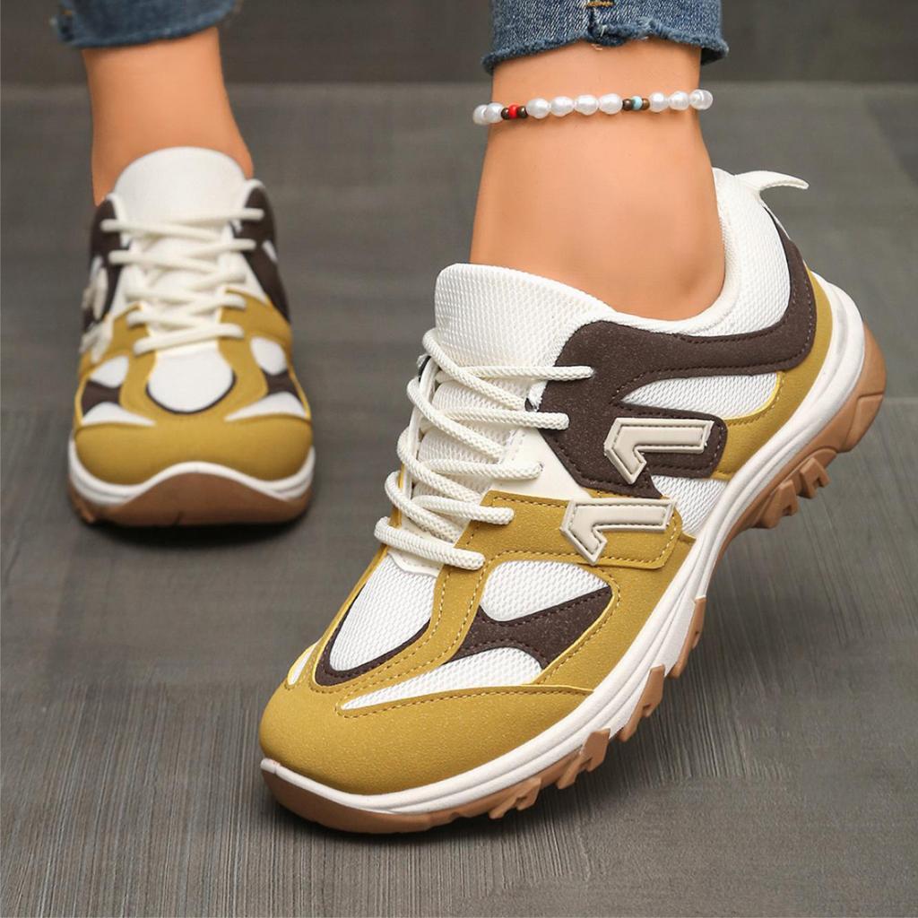 Fashion Gray Yellow Mix Color Non Slip Hiking Shoes Women Autumn Breathable Lace Up Sneakers Comfort Soft Sole Sports Shoes