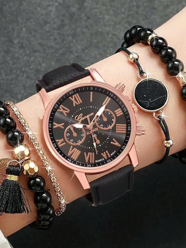 5PCS/Set Women's Watch Fashion Rhinestone Leather Band Quartz Watch Beads Bracelets Set(Without Box)