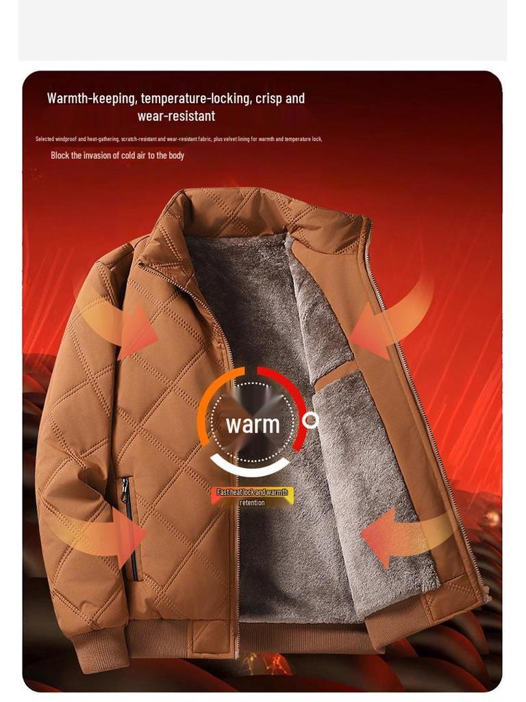 Men’s 2025 Winter Stand Collar Windproof Cotton Jacket - Thick Velvet, Middle-Aged Dad Style
