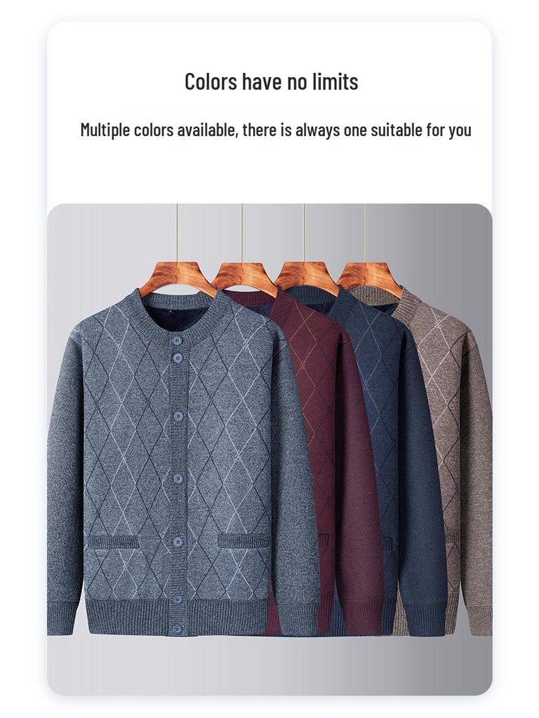 Men's Thickened Knit Cardigan - Warm, Velvet-Lined Sweater for Middle-Aged and Elderly, Perfect for Autumn and Winter.