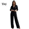Women Wide Leg Pants V Neck Long Sleeves Jumpsuit, Collared One Piece Romper with High Waisted Jumpsuits Belt, Solid Color Dressy Casual Fall Outfits