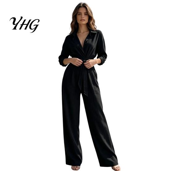Women Wide Leg Pants V Neck Long Sleeves Jumpsuit, Collared One Piece Romper with High Waisted Jumpsuits Belt, Solid Color Dressy Casual Fall Outfits