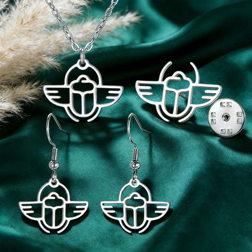 Dawapara Scarab Beetle Necklace Earrings Brooch Jewelry Set Ancient Egyptian Protection Amulet Religious Jewelry Stainless Steel