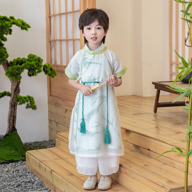 2025 Summer New Children's Bamboo Hanfu Set: Short Sleeve Ancient Chinese Style Robe for Boys.