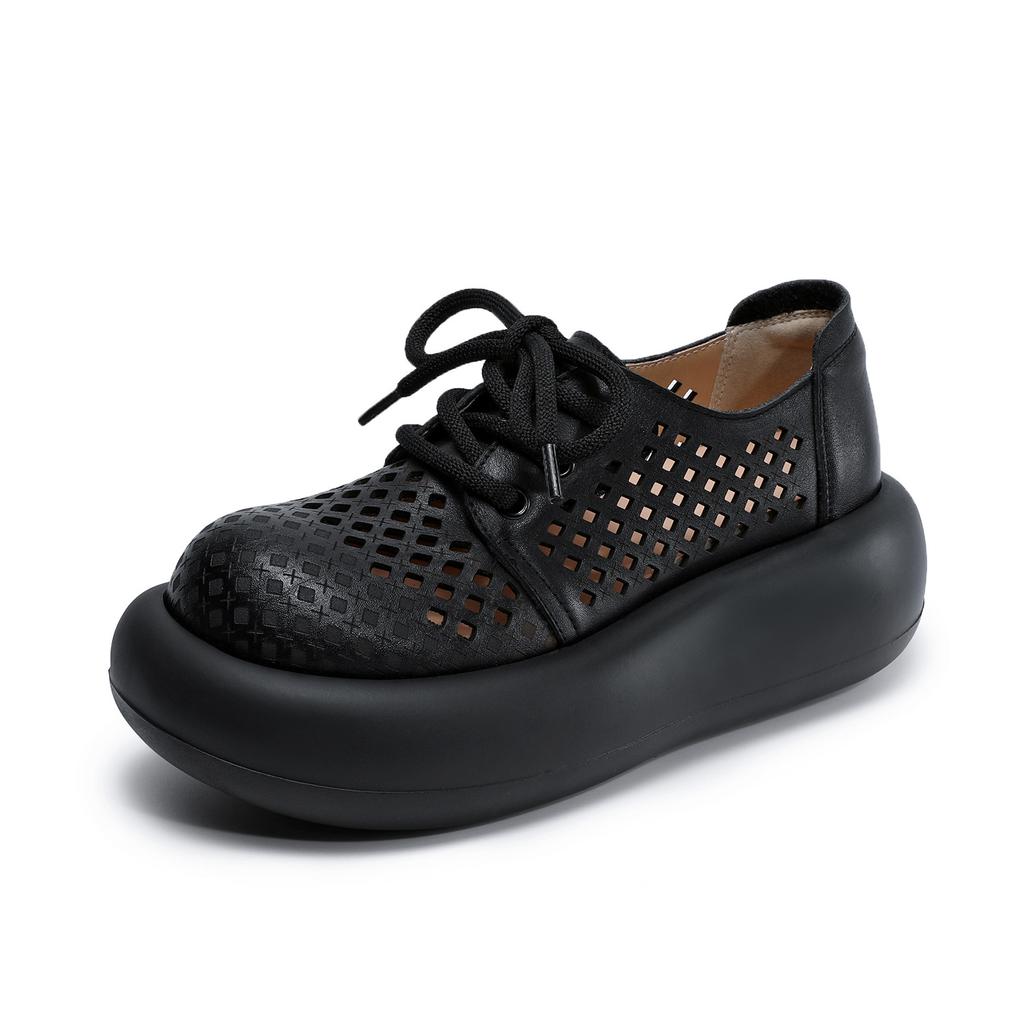 Johnature Hollow Out Thick Soled Shoes Genuine Leather Breathable Lace-up Women's Platform Sandals