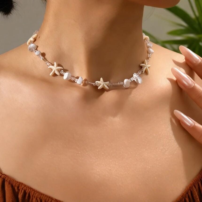 European, American Bohemian Style Simple Starfish Collarbone Chain Fashionable Versatile Rice Bead Beaded Necklace Vacation Jewelry