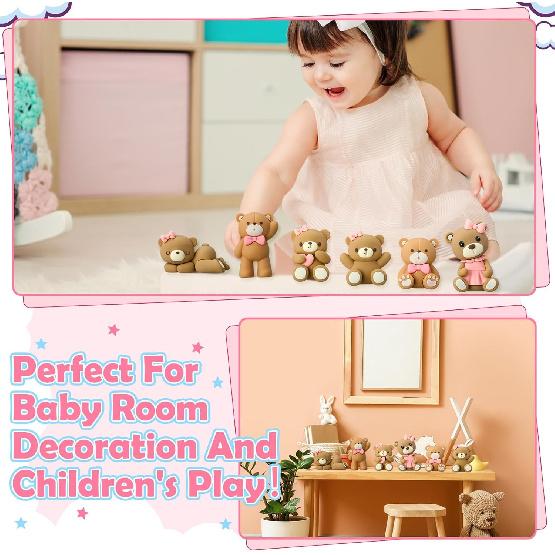 6 Pcs 3D Bear Cake Toppers Bear Cake Decorations Baby Shower Party Favors Home Ornaments for Baby Shower Birthday Party Cake Supplies Boys Girl